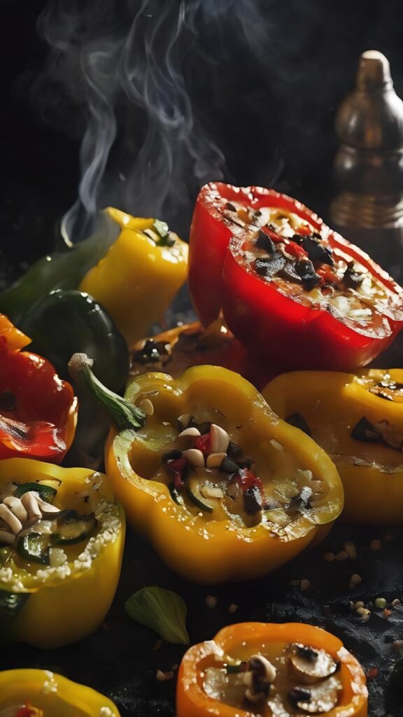 grilled red yellow bell pepper zucchini champignons chilli halves garlic are falling d grilled red yellow bell pepper zucchini champignons chilli halves garlic are falling d