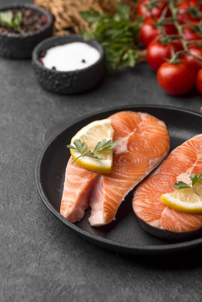 slices raw red salmon blurred background slices raw red salmon blurred background