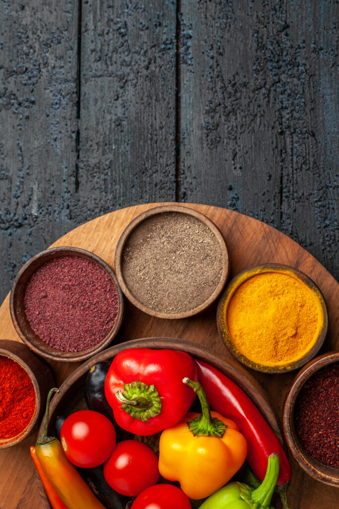 top view fresh vegetables tomatoes pepper with seasonings dark desk top view fresh vegetables tomatoes pepper with seasonings dark desk